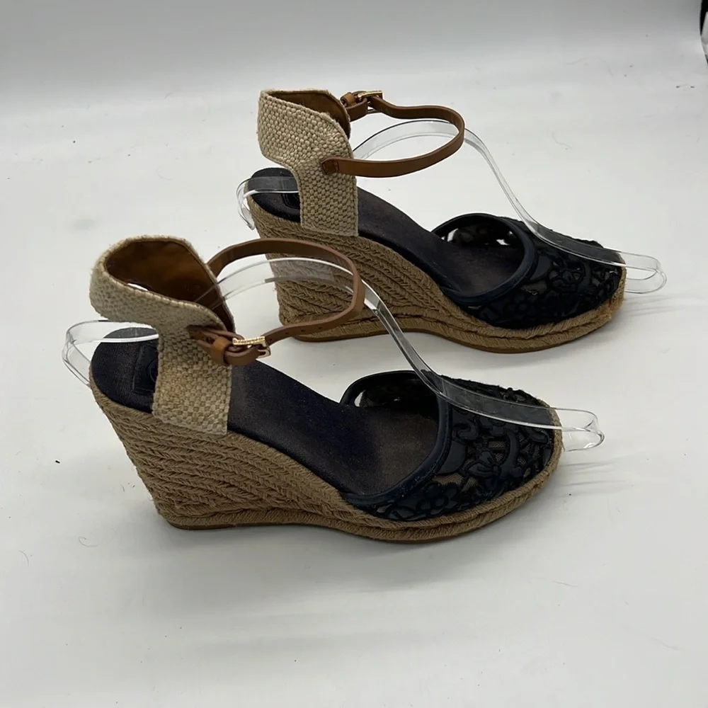 Tory Burch Navy Floral Lace Wedge Espadrilles size 10